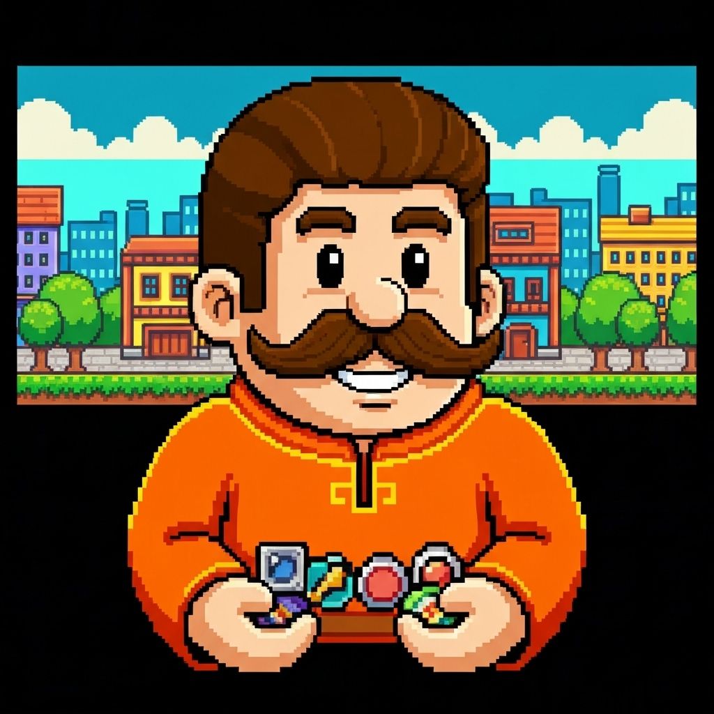 Pixel art style portrait of the event organizer daniel baker